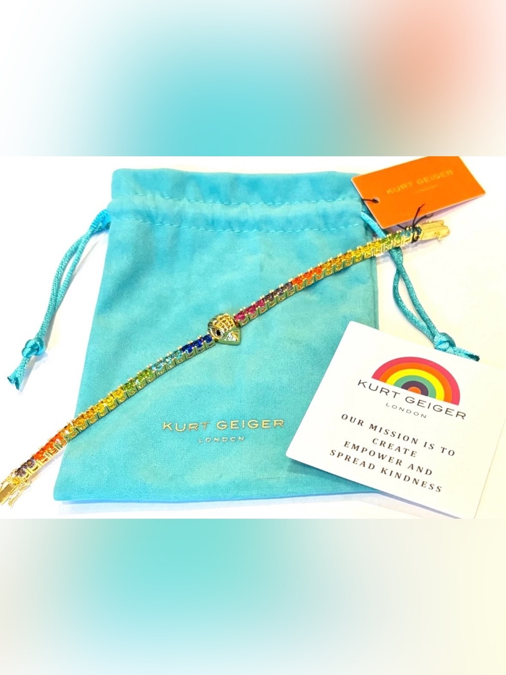NWT Kurt Geiger Rainbow Crystal Eagle Head Tennis Bracelet Gold Tone W/dust Bag